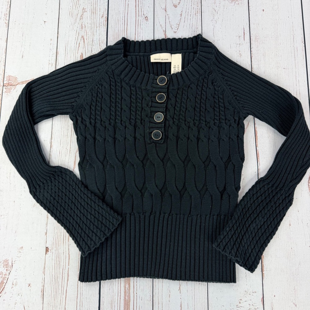 DKNY Jeans Black Cable Knit Henley Sweater Long Sleeve Cotton Blend Womens XL